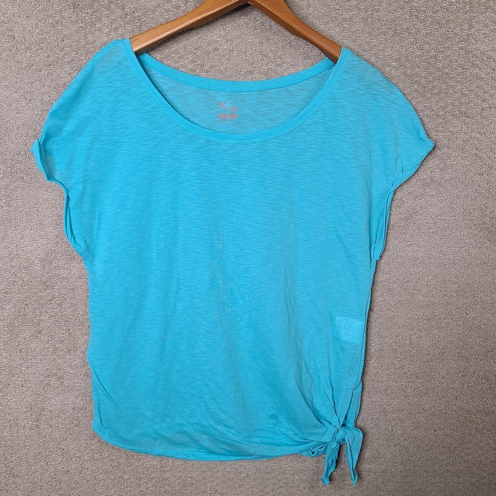 Old Navy Active Shirt Mens Large Blue Solid Side Tie Polyester Short Sleeve Yoga
